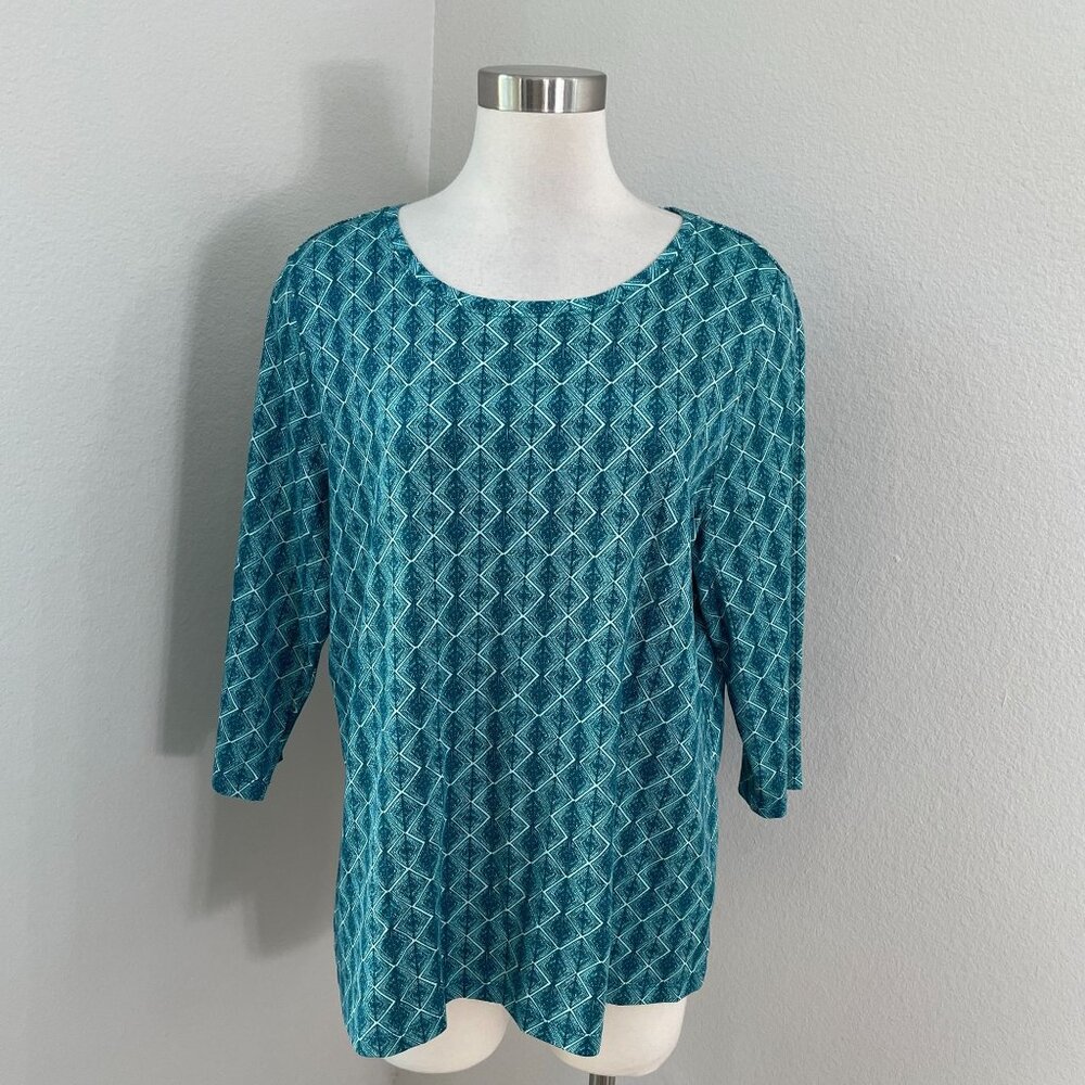 LL Bean Womens Plus 1X Blue Diamond Pattern Supima‎ Cotton Top 3/4 Sleeve Peru